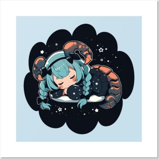 Adorable Anime Chibi Scorpio Zodiac Sleeping Little Astro Girl Posters and Art